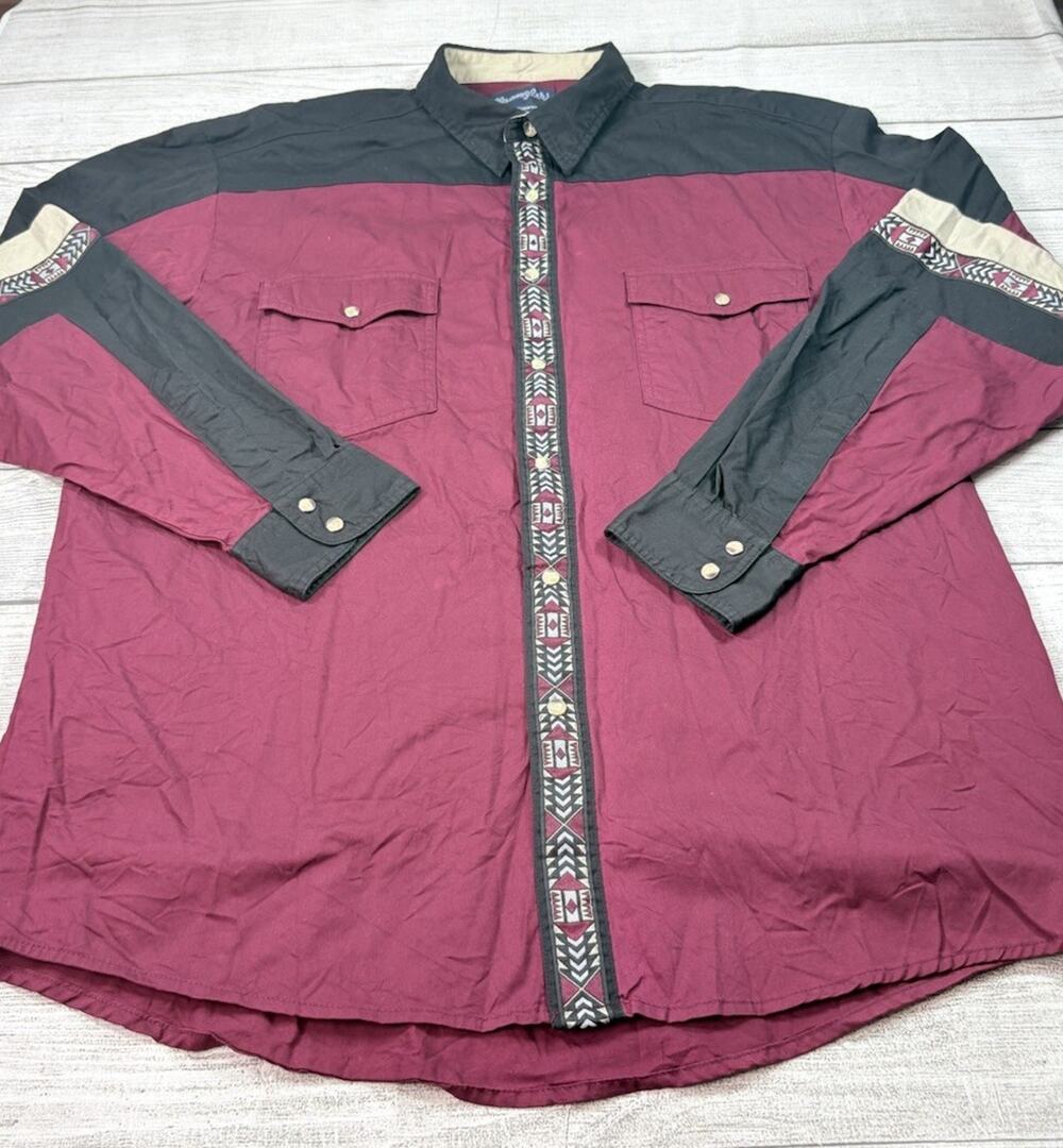 Wrangler Vintage Mens Western Shirt Pearl Snap Long Sleeve Aztec Size XL